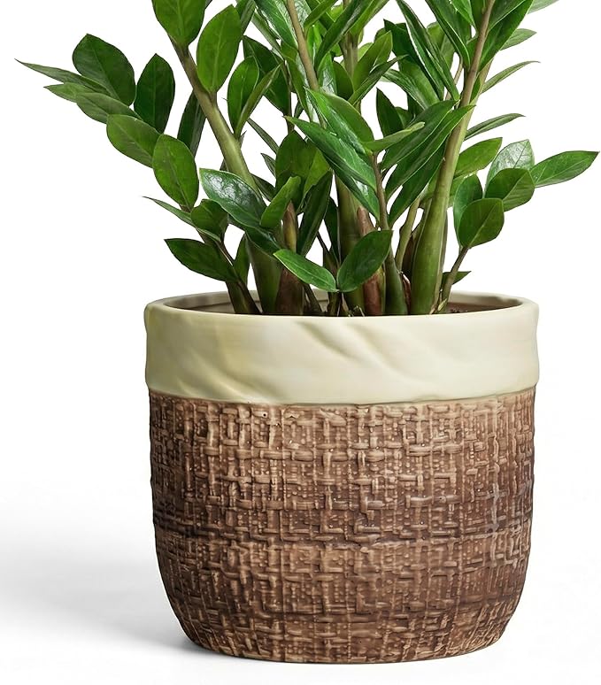 Ceramic Planter - 9.8 Inch Plant Pot for Indoor Outdoor Plants, Boho Ceramic Plant Pots with Drainage Hole and Plug, Round Indoor Planter, Garden Decor, Gardening Gifts for Women, Brown