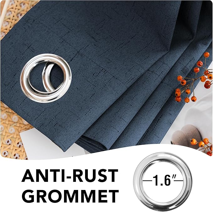 H.VERSAILTEX Linen Blackout Curtains Durable Thick Textured Linen Look 100% Blackout Patio Door Curtain Anti Rust Grommet Extra Wide Sliding Door Curtain Panel, W100 x L84 inch - Navy