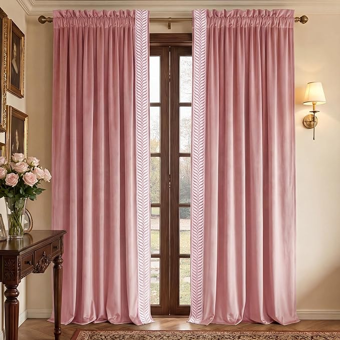 NICETOWN Rod Pocket Embroidered Trim Velvet Curtains, 2 Panels, Blush Pink