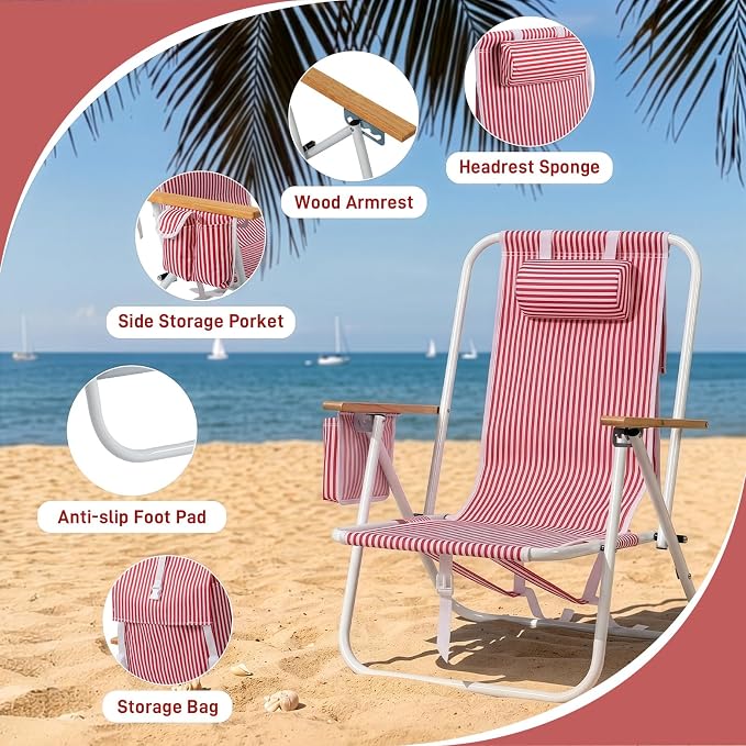 Outvita 2 Pack Folding Beach Chair, 4 Position Adjustable Reclining Lounge Chair with Padded Headrest, Large Rear & Side Storage Pockets, Lightweight Portable Outdoor Chair for Beach Pool Garden BBQ