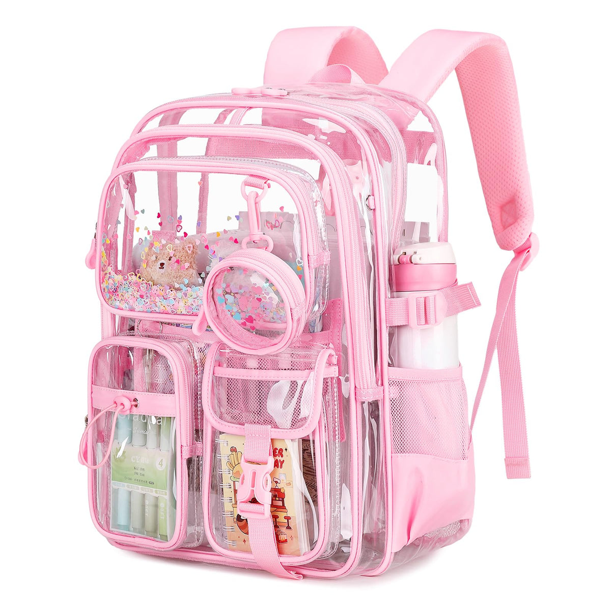 ASKSKY Clear Backpack for Girls School Clear Bookbag Stadium Events Heavy Duty Transparent Back Pack, Pink