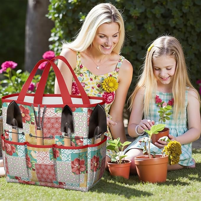 Floral Garden Tool Bag - Waterproof Garden Tote with 8 Pockets, Large Storage Home Organizer Gardening Tool Oxford Bag for Garden Tools Kits Holder, Ideal Outdoor Gardening Gift for Women & Men