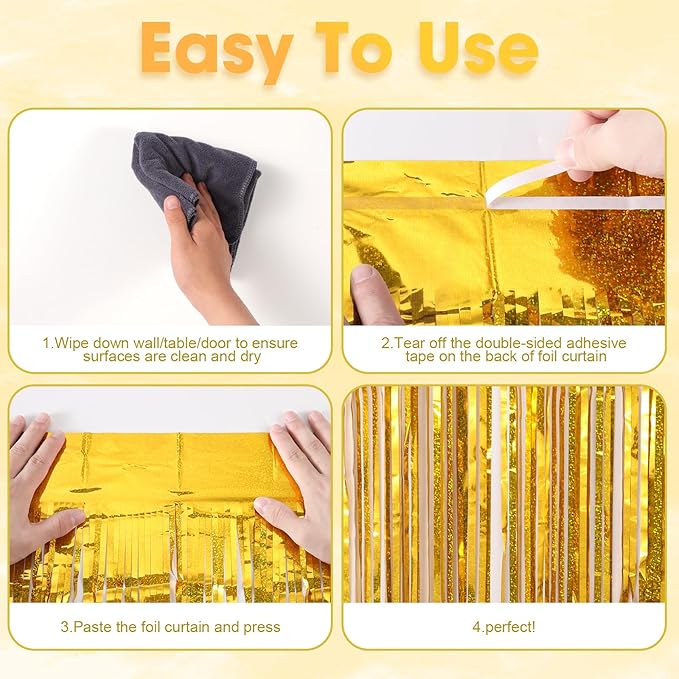 3 Pack 3.3 x 8.2 ft Laser Gold Foil Fringe Backdrop Curtains, Tinsel Streamers Birthday Party Decorations, Fringe Backdrop for Graduation, Baby Shower, Gender Reveal, Disco Party