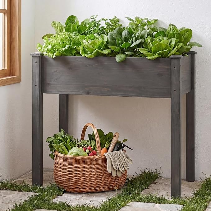DUMOS Raised Garden Bed with Legs, 34x18x30 Inch Planter Box Outdoor with Liner for Herbs Flowers Vegetables, Elevated Wooden Garden Bed for Patio, Balcony and Backyard, Dark Grey