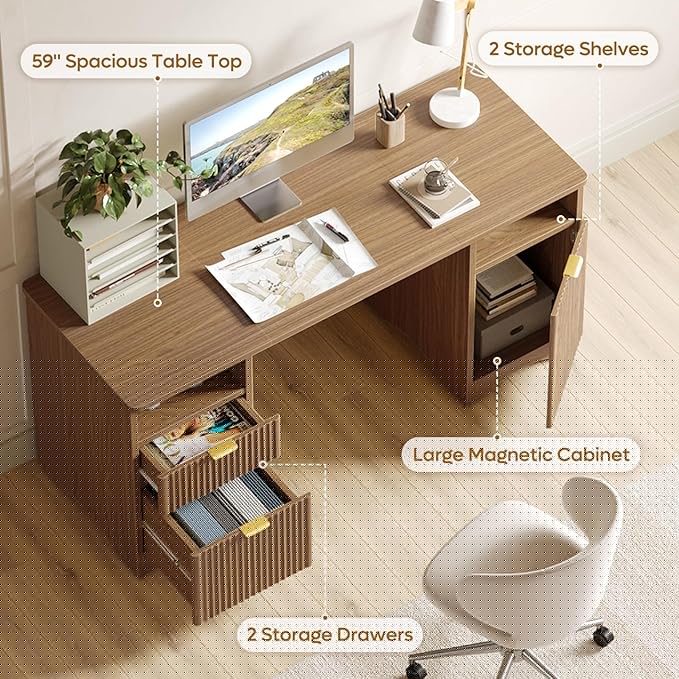 Bestier 59 inch Office Desk with 2 Drawer, Computer Desk with File Cabinet & 2 Open Storage, Modern Fluted Wood Desk for Home Office Bedroom Study, Natual Oak