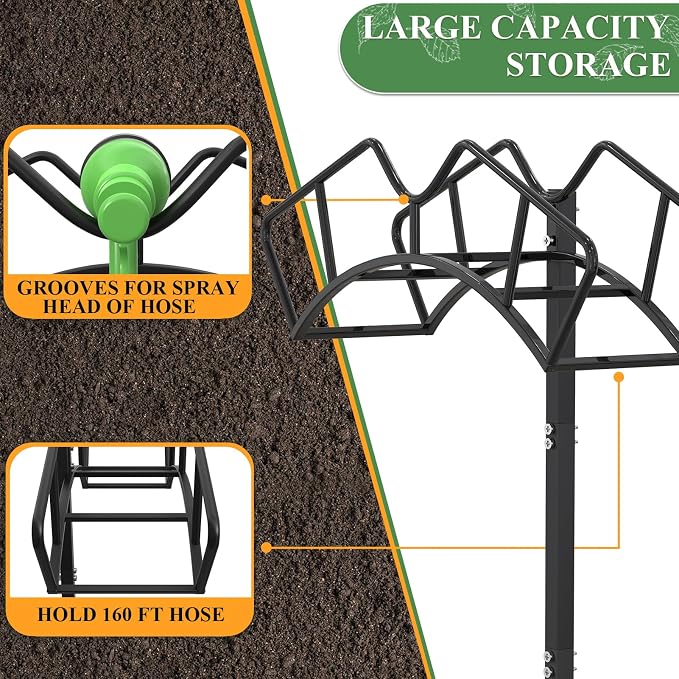 Qatsrin Super Stable Garden Hose Holder, Removable Water Hose Holders Stand Holds 150-Feet Hose, Detachable Hose Storage Hanger Rack for Outside Yard Lawn Farm, Black