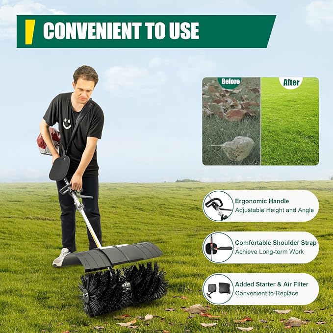 Gas Power Sweeper Hand Held Broom, 52cc 2-Stroke 2.3HP 1.82M Artificial Turf Broom, Aluminum Alloy Walk Behind Sweeper Cleaning Driveway Tools, Leaf Collector Lawn Sweeper, Black & Red