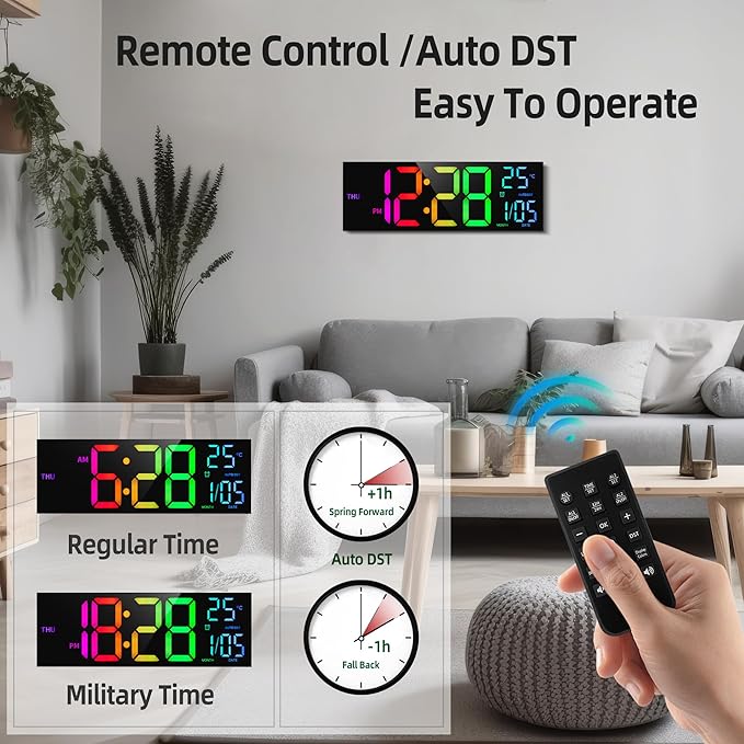 HAITANG 8 Colors Digital Wall Clock, 16.2" Large Digital Clock