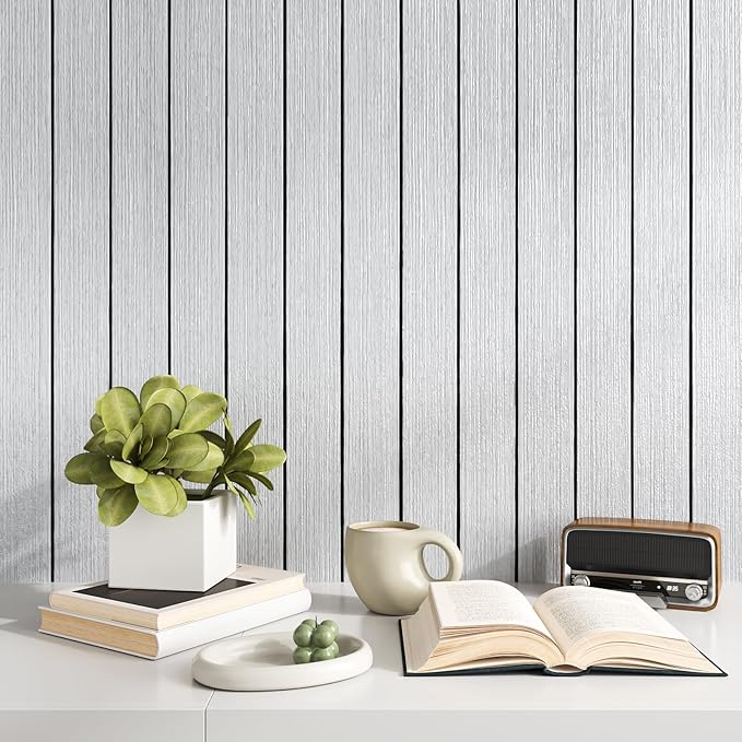 VEELIKE Light Grey Wood Slat Wall Panel Peel and Stick Wood Wall Panels