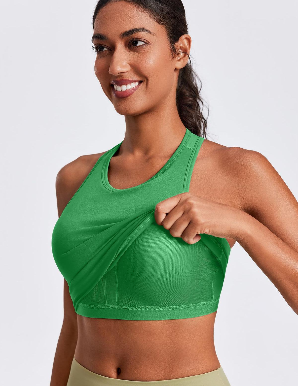 PINSPARK Womens Workout Tank Tops with Built in Bras Crew Neck Running Tank Racerback Moisture Wicking Yoga Top, Green XS