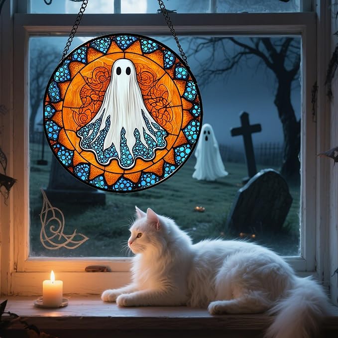 Stained Glass Window Hanging - Halloween Decorations White Ghost Suncatcher for Doors Garden Indoor Spooky Funny Blue Sun Catchers Gothic Decor Horror Gifts for Women Men Friend 11.8 in