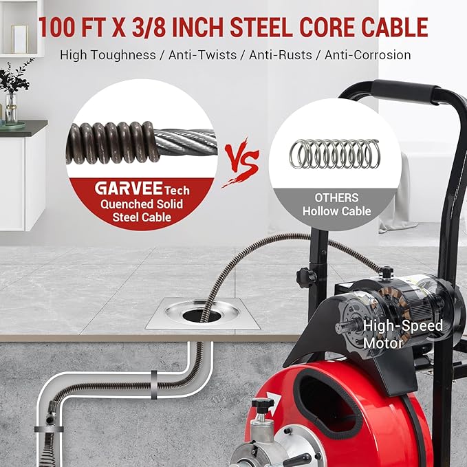 Auto Feed 100 FT x 3/8 in Drain Cleaner Machine with 370W Motor, Portable Sewer & Plumbing Snake Auger with 8 Cutters and Air-Activated Foot Switch, Electric Drain Snake for 1"–4" Pipes