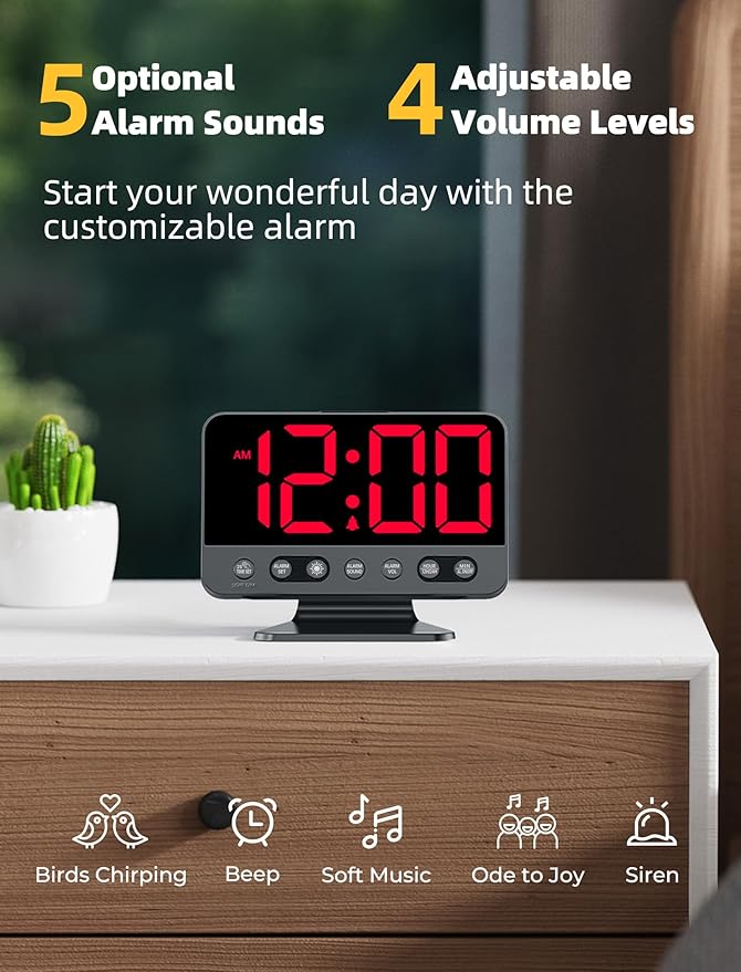 Odokee Digital Alarm Clocks for Bedrooms: Large Bold Number 5 Brightness Dimmer