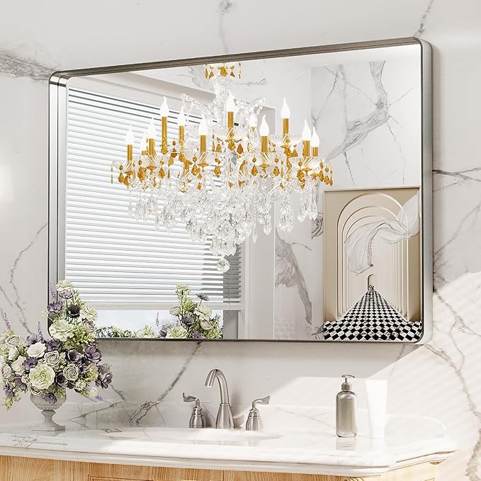LOAAO 48X32 Inch Brushed Nickel Bathroom Mirror, Rounded Rectangle Silver Metal Frame Mirror, Brushed Nickel, Anti-Rust, Shatter Proof, Hangs Horizontally or Vertically