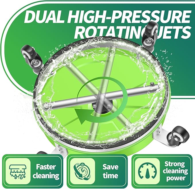 15“ Pressure Washer Surface Cleaner with 4 Wheels - Coated Green Stainless Steel Surface Cleaner for Pressure Washer Attachment for Concrete, Driveway, Patio, Sidewalk, Deck and Driveways - PWS15G