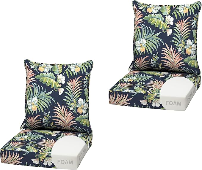 Arden Outdoor Foam Deep Seat Cushion (2-Pack), 22x24, Premium High-Density Foam, Never Flattens, Weather-Proof for Patio Chair Sofa Couch, Simone Blue Tropical