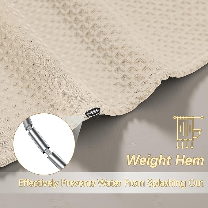 Beige Fabric Shower Curtain - Waffle Textured Heavy Duty Shower Curtains for Bathroom, 256GSM Hotel Spa Luxury Weighted Bath Curtain with 12 Hooks, 72x96, Beige