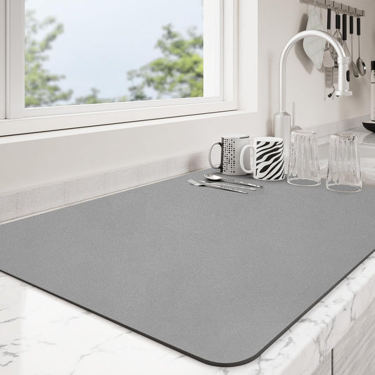 Dish Drying Mat for Kitchen Counter | Coffee Bar Mat for Countertops | Heat Resistant Drainer Mat with Non-slip Rubber Backed | Hide Stain Kitchen Absorbent Draining Mat | Grey 16"x24"