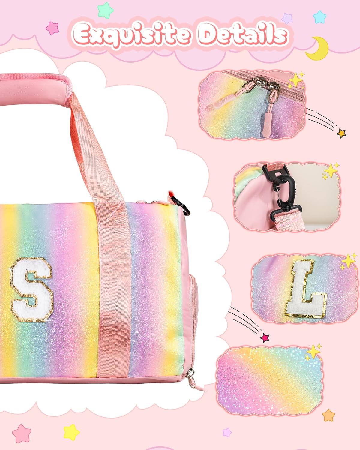 Skiennix Girl Gym Bag - Personalized Weekender Tote with Shoe Compartment & Makeup Pouch (Letter I)