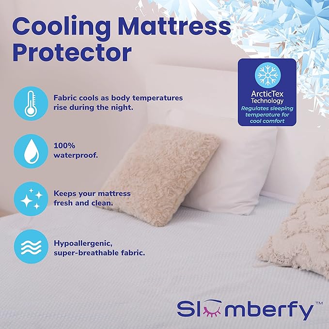Full Size Waterproof Cooling Mattress Protector by Slumberfy - Premium Skin-Safe Cover, Natural Fabric with ArcticTex Technology, Noiseless Quilted Cover – 54x75 in.