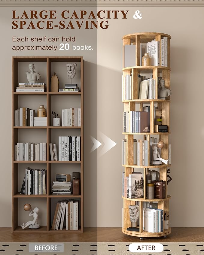 6-Tier Solid Wood Rotating Bookshelf on Wheels, 360° Spinning Book Shelf Tower, Round Revolving Bookcase Organizer, Rolling Bookshelves for Small Spaces, Corner, Bedroom, Kids Room, Office, Natural