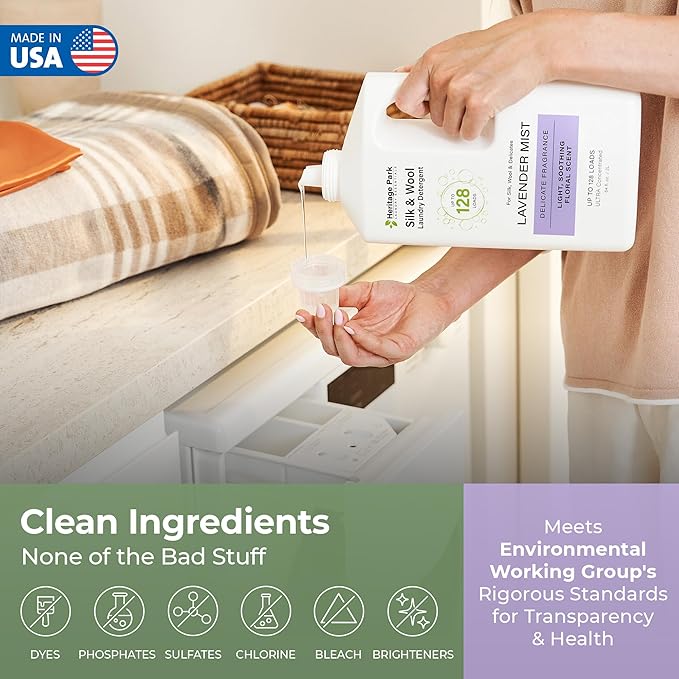 Heritage Park Silk & Wool All-Natural Lavender Mist Scent, pH-Neutral Laundry Detergent - Enzyme-Free, Concentrated Up to 128 loads (64 fl oz)