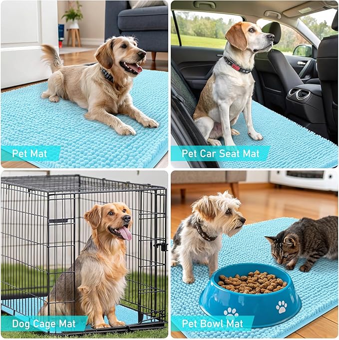 OLANLY Dog Door Mat for Muddy Paws 47x24, Absorbs Moisture and Dirt, Absorbent Non-Slip Washable Doormat, Quick Dry Chenille Mud Mat for Dogs, Entry Indoor Entryway Carpet for Inside Floor, Blue