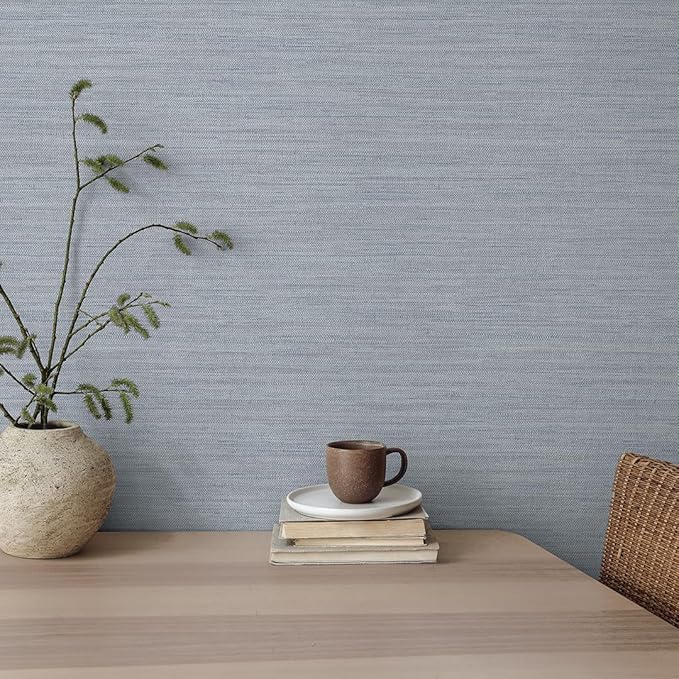 Tempaper Textured Powder Blue Horizontal Faux Grasscloth Removable Peel and