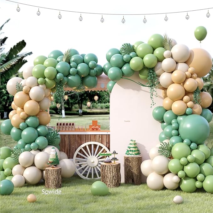 Sage Green Brown Balloon Arch Kit, 122Pcs Avocado Dusty Green Apricot Sand White Tan Balloons for Boy Girl Neutral Safari Baby Shower Woodland Birthday Dinosaur Party Summer Decorations