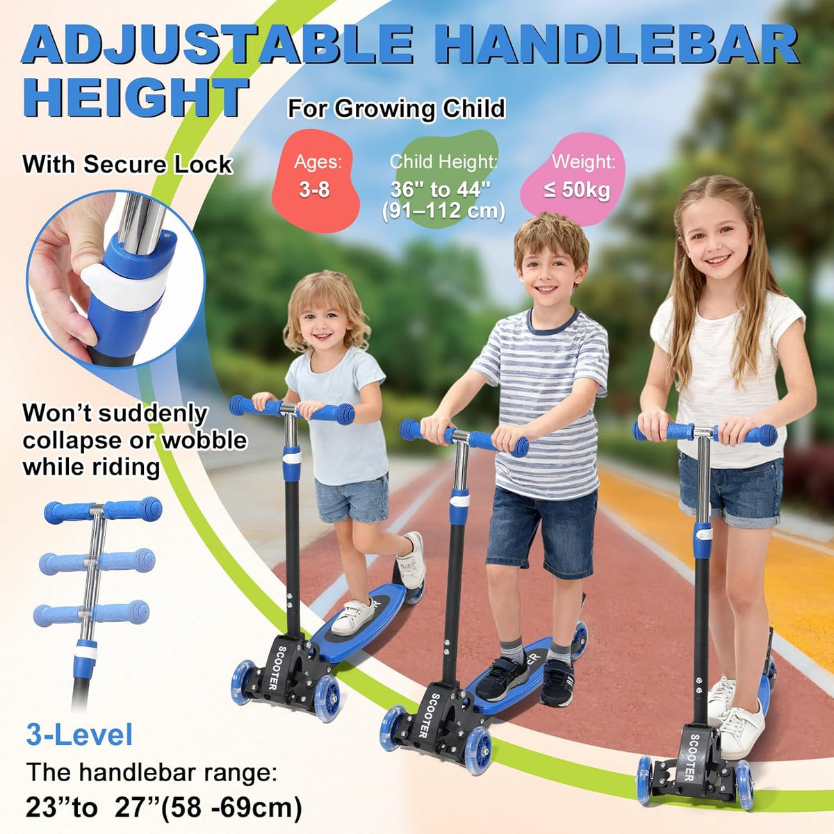 **Skiennix Light-Up 3-Wheel Kick Scooter for Kids | Adjustable Handlebar & Anti-Slip Deck | Up to 150 lbs**
