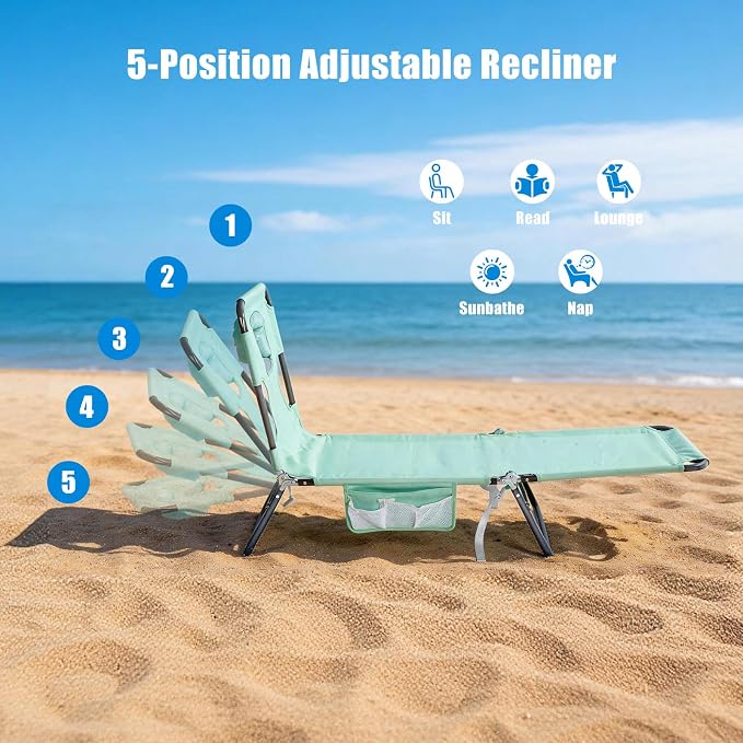 SUNNYFEEL Lay Flat Tanning Chair 2 Pack with Face Down Hole & Arm Slots, Beach Lounge Chair, 5-Position Folding Sunbathing Chair, 300 LBS Heavy Duty, 72" L x 22" W for Beach, Pool, Camping