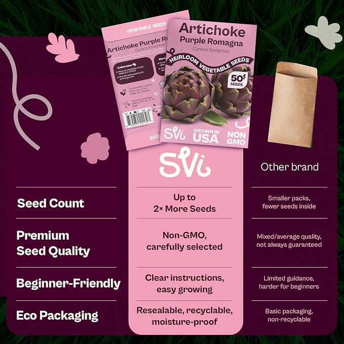 SVI 50 Purple Romagna Artichoke Seeds (Cynara scolymus) – Roman Artichokes Seed Packets, Non GMO Artichoke Vegetable Garden Seed – Heirloom Vegetable Seeds for Outdoor Garden, Containers