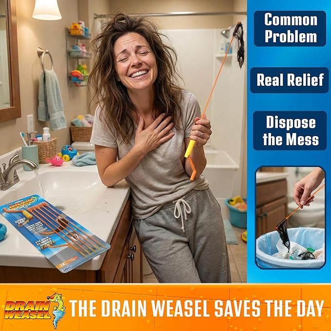 FlexiSnake Drain Weasel Sink Snake Hair Clog Remover Tool, Pipe, Bathroom, Bathtub Cleaner, 18-inch, Made in the USA, 5 Wands and Removable Handle