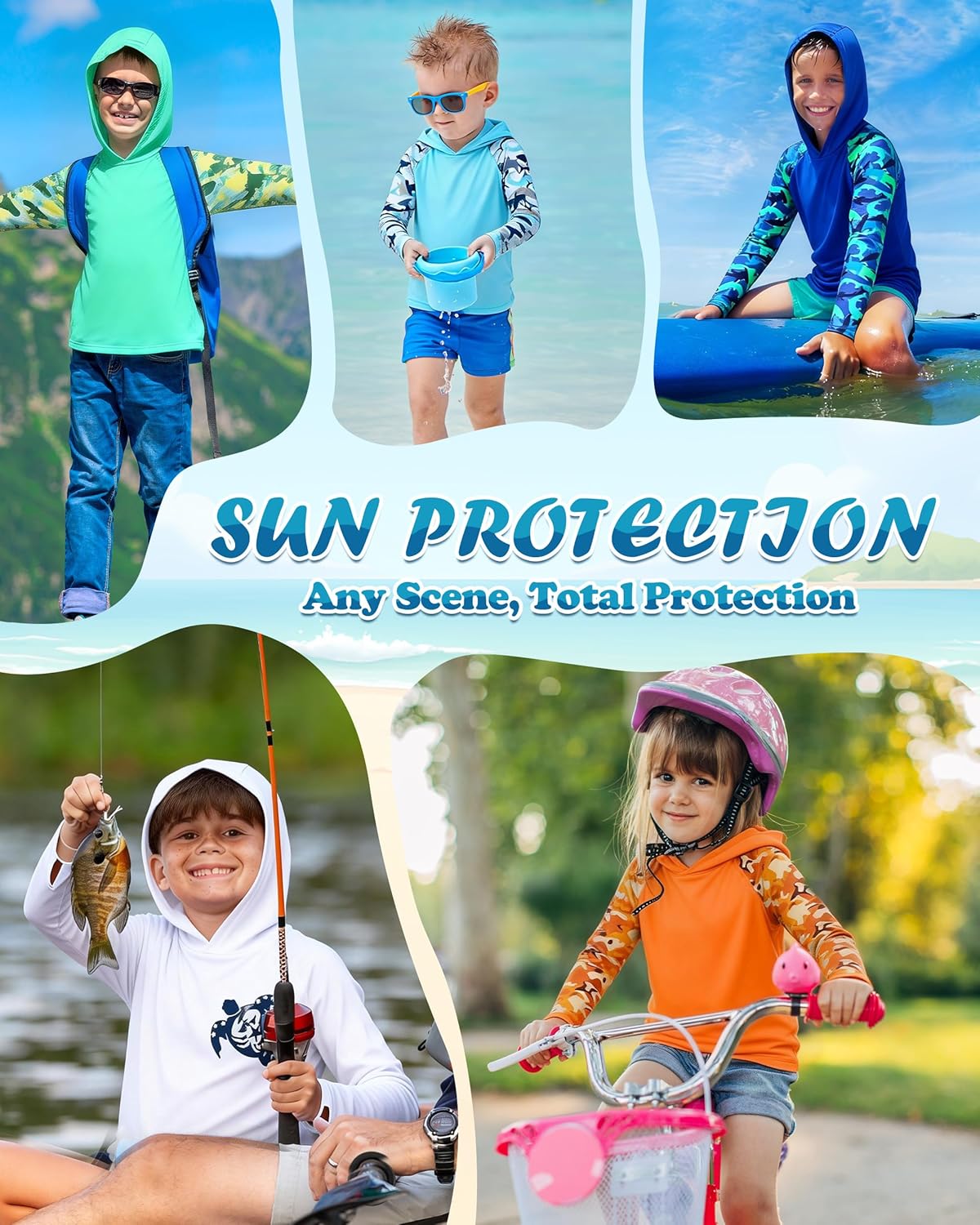 Skiennix Boys Rash Guard Swim Hoodie - UPF 50+ UV Protection Long Sleeve Fishing Shirt | Youth Size