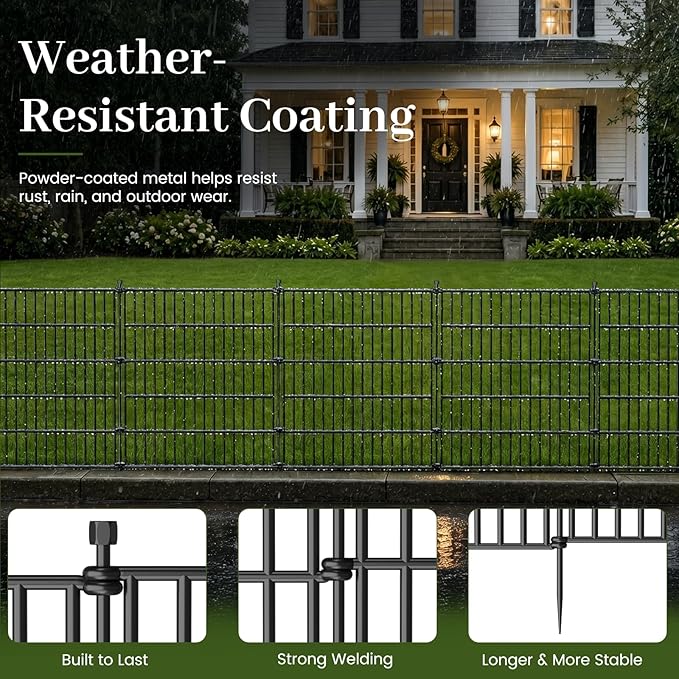 10 Panels No Dig Decorative Outdoor Garden Fence with Gate for Yard, 32 in(H) X 23.6 ft(L) Animal Barrier Fencing Rustproof Metal Wire Panel Border for Dog, Rabbits, and Patio Temporary Ground Stakes