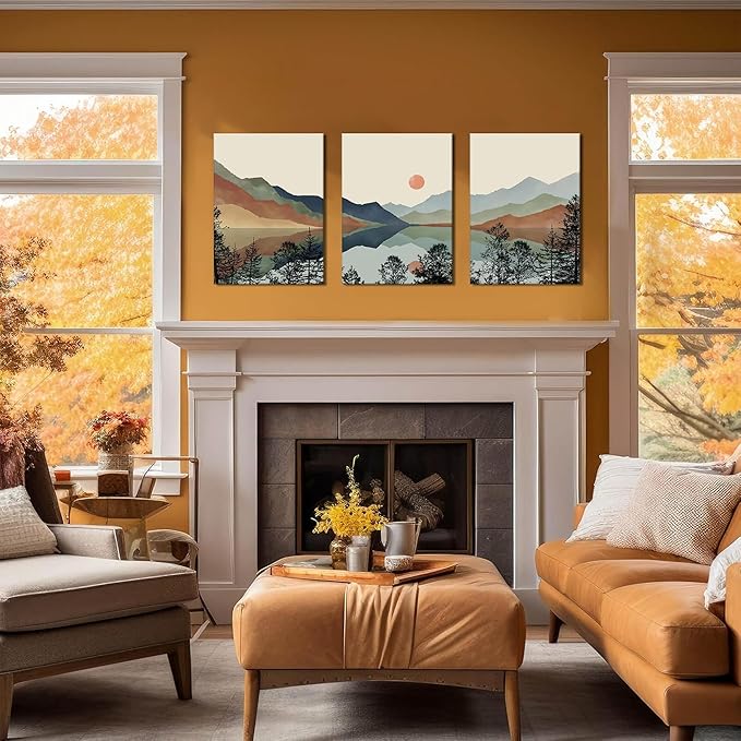 AKWISH Framed Mountain Canvas Wall Art Set of 3, Boho Watercolor Poster Prints