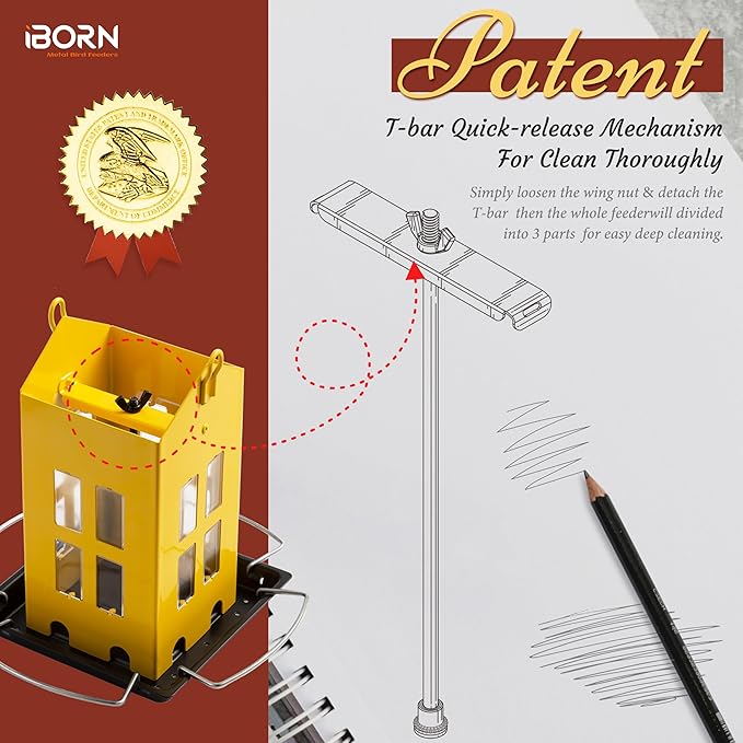 iBorn Bird Feeder House, Metal Bird Feeders for Outdoors Hanging,Double-Sided Metal Hanger & Weatherproof, Easy to Clean & Refill, 2.2 Lbs Capacity, Yellow