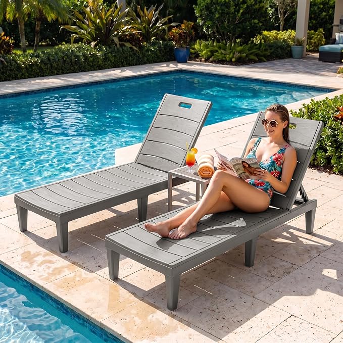 Greesum Outdoor Chaise Lounge Chairs Set of 2 with 5-Position Adjustable Backrest, Waterproof PP Sun Loungers for Garden Pool Beach Patio Deck Sunbathing, Light Coffee