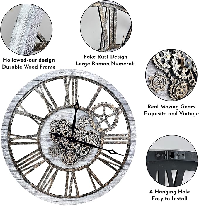The B-Style Large Wall Clock 24 inch Moving Gear Wall Clock Oversized Vintage