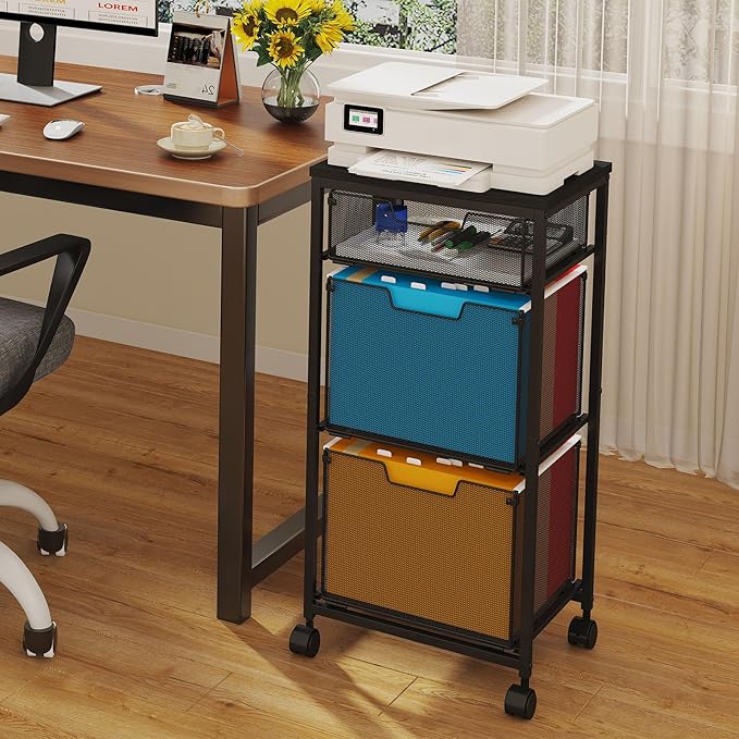 3 Drawer Mobile File Cabinet for Home Office, Rolling Filing Cabinet on Lockable Wheels, Hanging File Folders Organizer, Utility Cart Storage and Organizer, Printer Stand, Black
