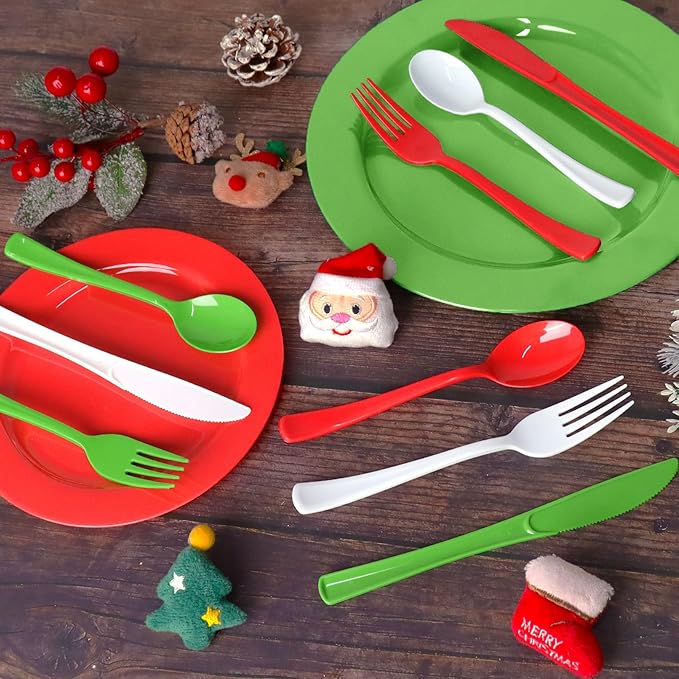 153 Pcs Christmas Plastic Silverware Heavy Duty Disposable Tableware Sets Includes Spoons Forks Knives for Christmas Party Supplies (Red, Bright Green, White)