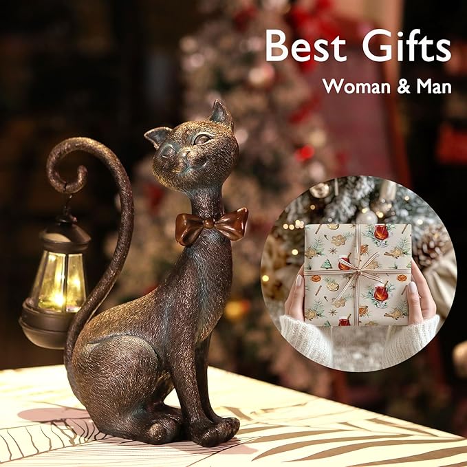 Whimsical Outdoor Cat Statues with Solar Garden Lantern:Cat Garden Statues for Outside Spring Decor Clearance,Outdoor Figurine for Yard Art Lawn Ornaments Patio Balcony Home House - Birthday Gifts