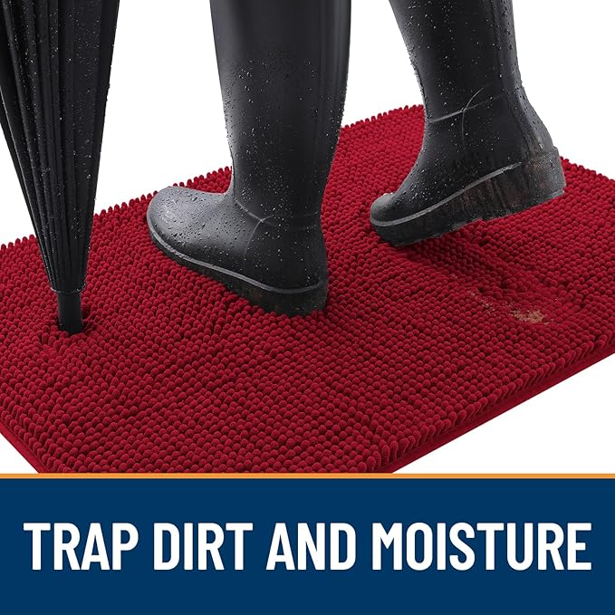 OLANLY Dog Door Mat for Muddy Paws 24x16, Absorbs Moisture and Dirt, Absorbent Non-Slip Washable Doormat, Quick Dry Chenille Mud Mat for Dogs, Entry Indoor Entryway Carpet for Inside Floor, Red