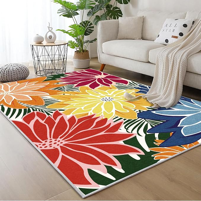 ZonLi Colorful Outdoor Rug 8x10Ft Waterproof Multicolored Indoor Area Rug Washable Outdoor Patio Rugs Tropical Floral Non Slip Outdoor Carpet for Living Room, Pool,Backyard,Deck,Camping