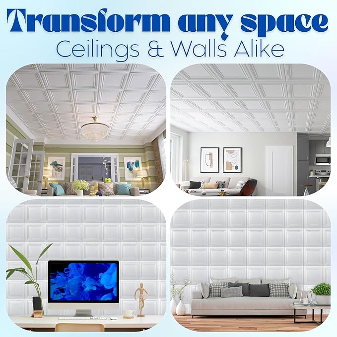 Art3d 48-Pack PVC Drop Ceiling Tiles, 2ft x 2ft, Crisp White Finish