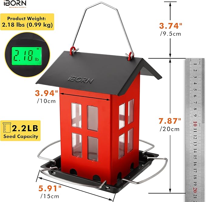 iBorn Bird Feeder House, Metal Bird Feeders for Outdoors Hanging,Double-Sided Metal Hanger & Weatherproof, Easy to Clean & Refill, 2.2 Lbs Capacity, Red