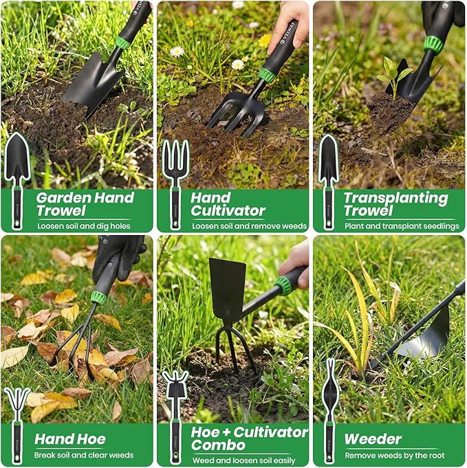 Velway Garden Tools Set -11-Piece Heavy Duty Hand Tool Kit with Ergonomic Handles, Rust-Proof, Carry Tote Bag – Gardening Gifts for Women & Men (Green)