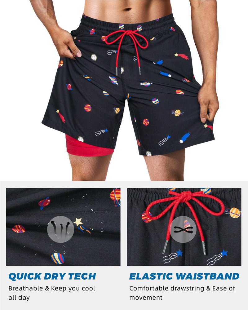 SURF CUZ Mens Swim Trunks with Compression Liner Quick Dry Swim Shorts 7" Swimming Trunks Stretch Zipper Pockets,Starwalk,XXL
