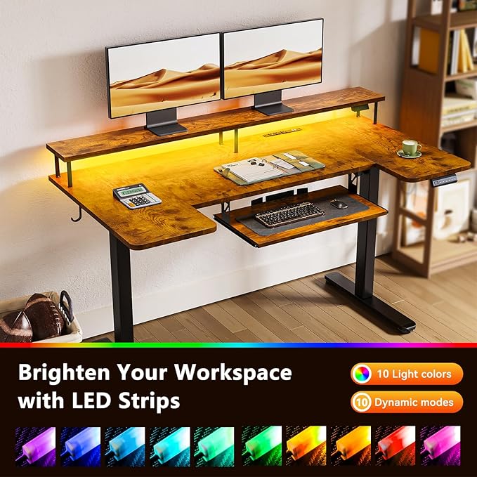 OffiGo U Shaped Electric Standing Desk with Keyboard Tray, 55 Inch Height Adjustable Desk with Power Outlets & LED Lights, Sit Stand Table with Monitor Stand for Home, Office, Rustic Brown