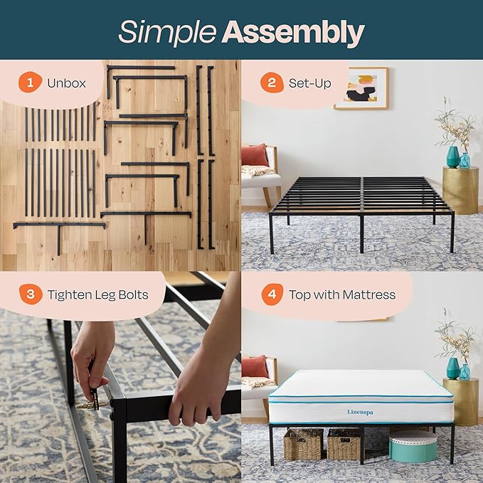 Linenspa Heavy Duty Metal Platform Bed Frame - No Box Spring Needed - Underbed Storage - Simple Toolless Assembly - 14” High - Sturdy - Steel Slats - Sleek Modern Design - Twin Size